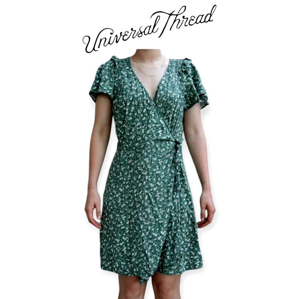 Universal Thread Green White Ditsy Floral Ruffle Sleeve Wrap Dress XS Women